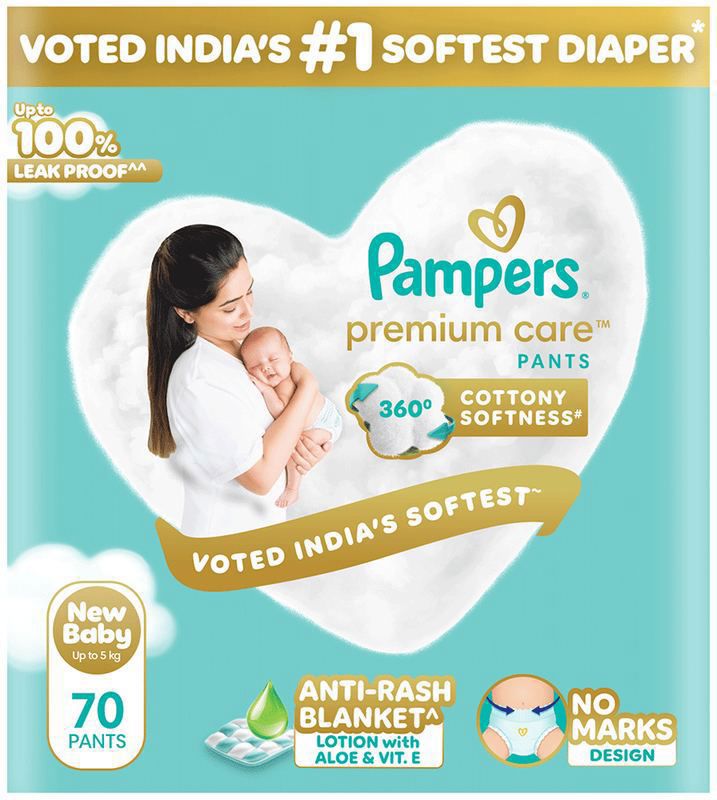 Pampers Premium Care Pants - No Marks Design - India’s Softest Diaper - Size NB (packet of 70 diapers)