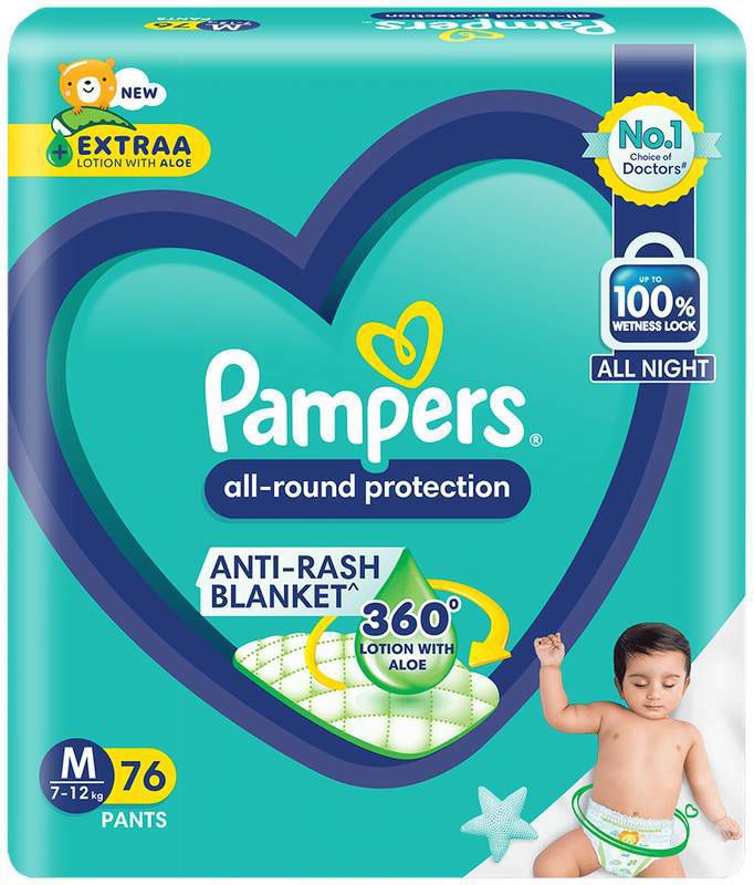 Pampers All-Round Protection Anti Rash Blanket Lotion with Aloe Vera Medium (packet of 76 diapers)