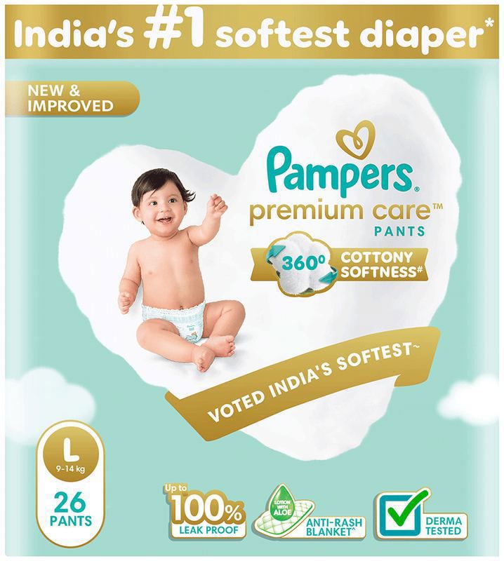 Pampers Premium Care Pants with Aloe Vera & Cottony Softness - Size Large (packet of 26 diapers)