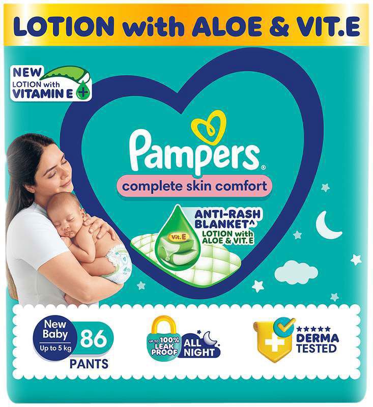 Pampers Complete Skin Comfort Pants Anti-Rash Blanket Lotion with Aloe & Vit. E New Born (packet of 86 diapers)