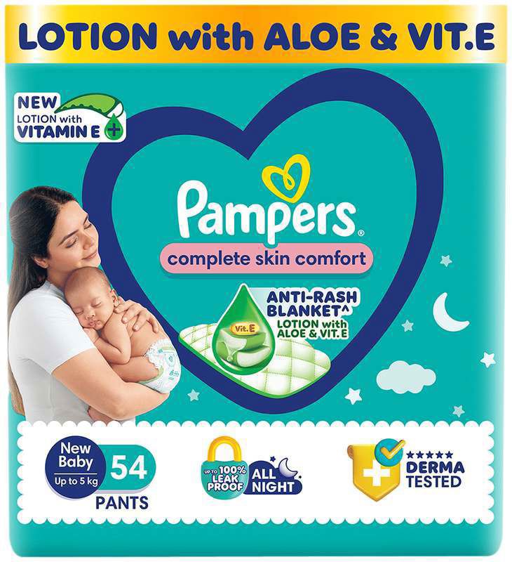 Pampers Complete Skin Comfort Pants - Anti-Rash blanket - Lotion with Vitamin E & Aloe Vera - NB (packet of 54 diapers)