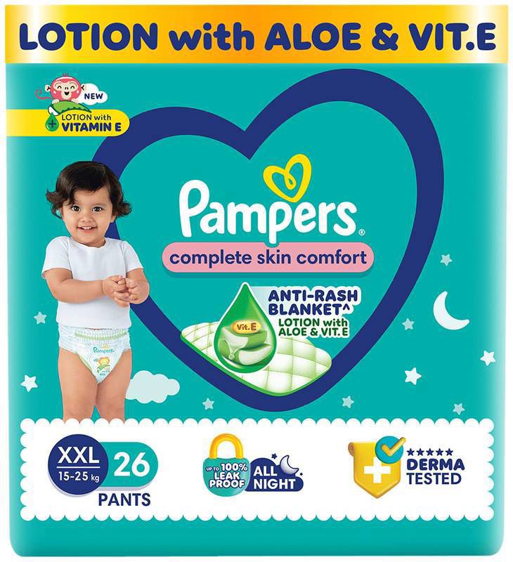 Pampers Complete Skin Comfort Pants - Anti-Rash blanket - Lotion with Vitamin E & Aloe Vera - XXL (packet of 26 diapers)