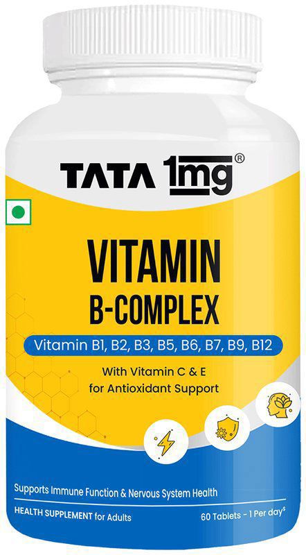 Vitamin B Complex Capsules with 100% RDA for B1,B2,B3,B5,B6,Biotin, with Vitamin C and E - Tata1mg (bottle of 60 capsules)