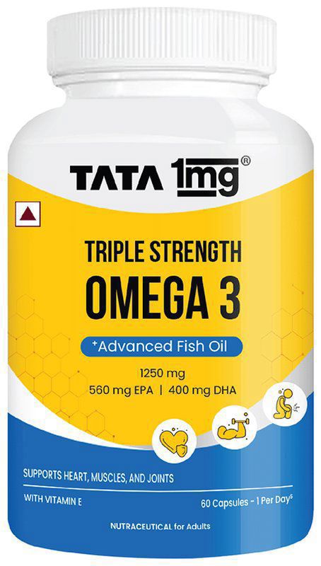 Triple Strength Omega 3 Fish Oil Supplement - 1250 Mg in 1 Capsule - 560 Mg EPA & 400 Mg DHA - For Faster Muscle Recovery And Improved Stamina - By Tata1mg (bottle of 60 capsules)