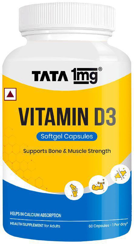 Vitamin D3 Capsules - Supports Bone Strength & Calcium Absorption - by Tata 1mg (bottle of 60 capsules)