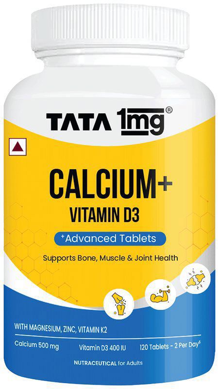 Calcium and Vitamin D3 Tablets with Zinc, Magnesium & Alfalfa - Citrate Malate Form - by Tata 1mg (bottle of 120 tablets)