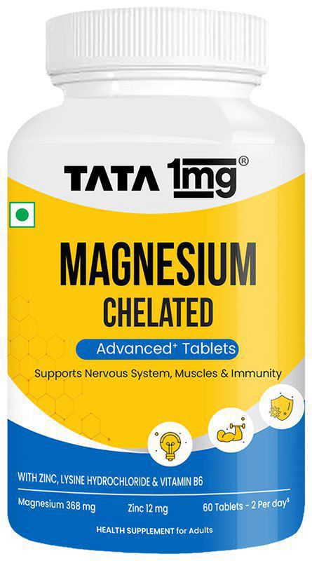 Chelated Magnesium Plus Tablet with Zinc, Lysine & Vitamin B6 - Muscle Relaxant Supplement - by Tata 1mg (bottle of 60 tablets)