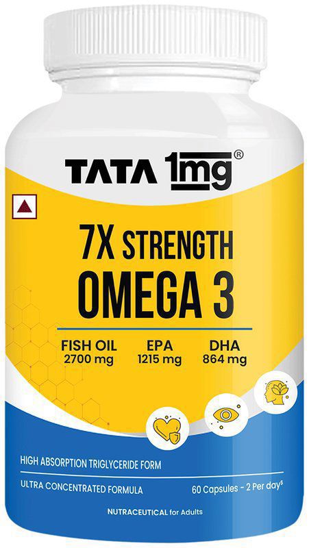 7X Strength Omega 3 - 2700 mg Fish Oil with Vitamin E for Heart & Brain Health - EPA 1215 mg, DHA 864 mg - By Tata 1mg (bottle of 60 capsules)