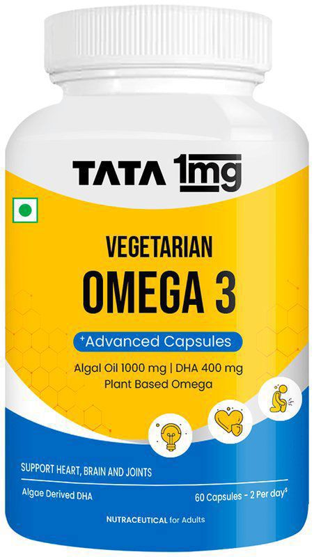 Vegetarian Omega 3 - 1000mg Algal Oil with 400mg DHA - Plant Based Omega 3 for Heart, Brain & Joint Health - By Tata 1mg (bottle of 60 capsules)