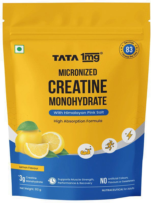 Tata 1mg Micronised Creatine Monohydrate High Absorption Formula Powder - Flavour Lemon (packet of 312 gm powder)
