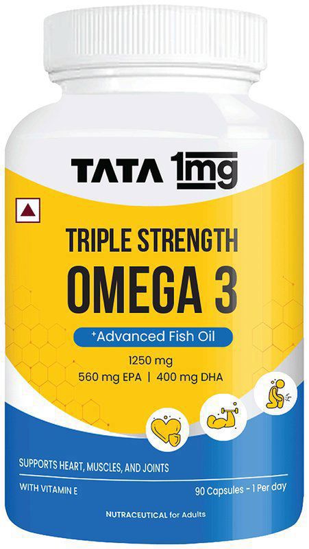 Triple Strength Omega 3 Fish Oil Supplement - 1250 Mg in 1 Capsule - 560 Mg EPA & 400 Mg DHA - For Faster Muscle Recovery And Improved Stamina - By Tata1mg (bottle of 90 capsules)
