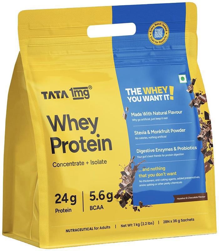 Whey Protein Powder - 24g protein - By Tata 1mg - Hazelnut Chocolate (packet of 28 sachets)