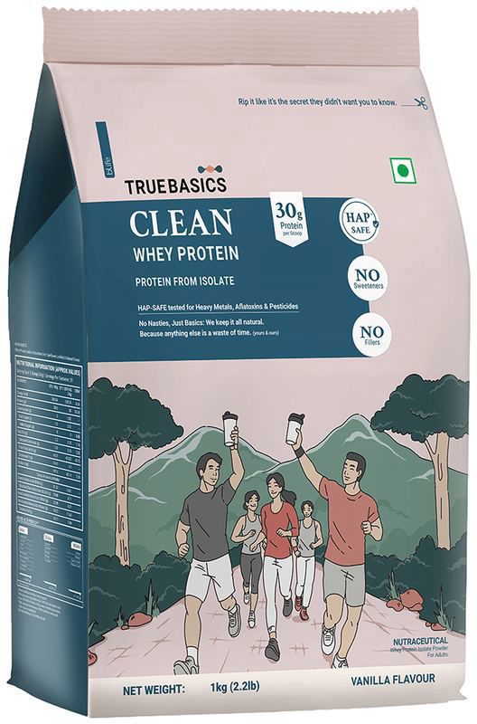 TrueBasics Powder Clean Whey 100% Protein Isolate Powder - 30g Protein per Scoop - Vanilla (packet of 1 kg powder)