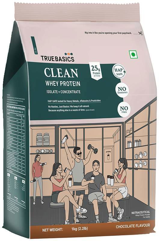 TrueBasics Clean Whey Protein Powder Isolate & Concentrate Blend - 25g Protein per Scoop - Chocolate (packet of 1 kg powder)