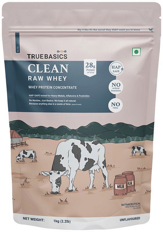 TrueBasics Clean Raw Whey Protein Concentrate Powder - 28g Protein per Scoop Powder Unflavoured (packet of 1 kg powder)