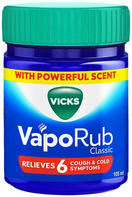 Vicks Vaporub Balm with Menthol, Camphor & Eucalyptus Oil - Relieves 6 Symptoms of Cough & Cold - Goodness of Ayurveda (jar of 105 ml balm)