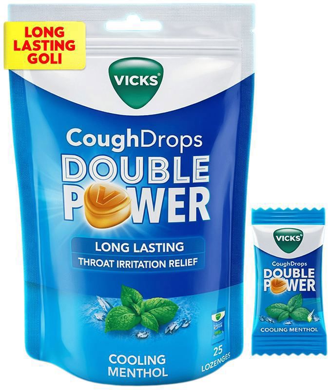 Vicks New Bigger Goli Cough Drops Double Power Cooling Menthol (packet of 25 lozenges)