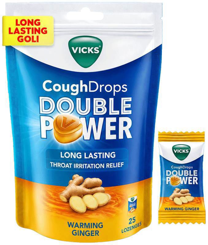 Vicks New Bigger Goli Cough Drops Double Power Warming Ginger (packet of 25 lozenges)