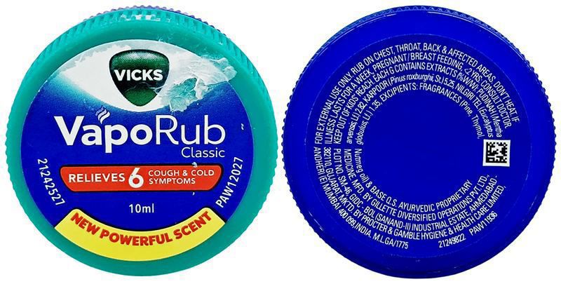 Vicks Vaporub Balm with Menthol, Camphor & Eucalyptus Oil - Relieves 6 Symptoms of Cough & Cold - Goodness of Ayurveda (jar of 10 ml balm)