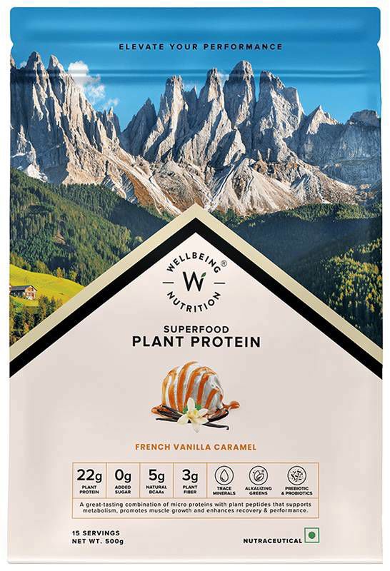 Wellbeing Nutrition Superfood Plant Protein for Muscle Growth & Metabolism - Flavour Powder French Vanilla Caramel (packet of 500 gm powder)